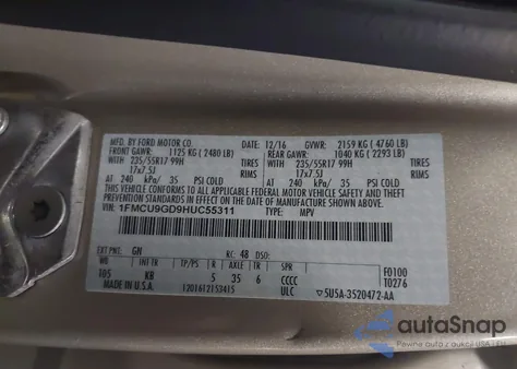 2017 Ford Escape Se из США, поврежденный, VIN 1FMCU9GD9HUC55311